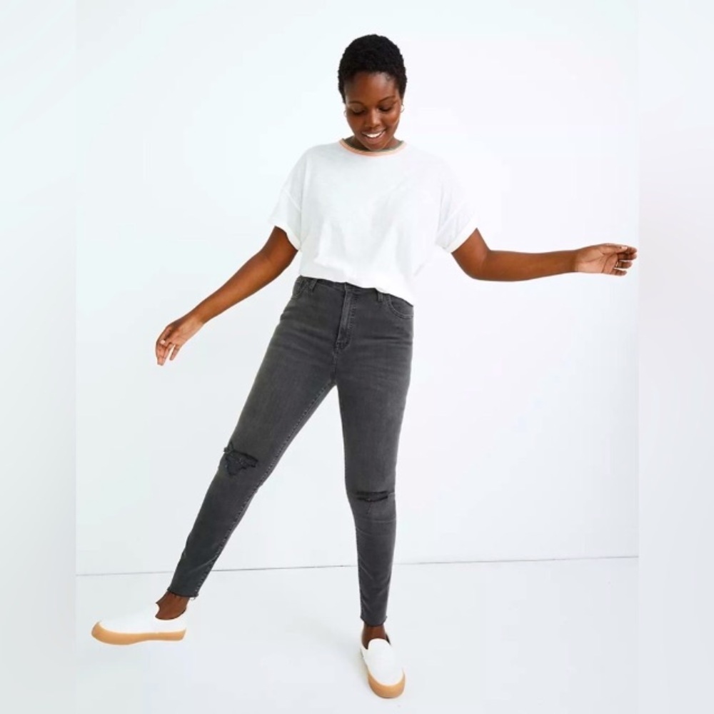 Madewell curvy high rise distressed black skinny jeans